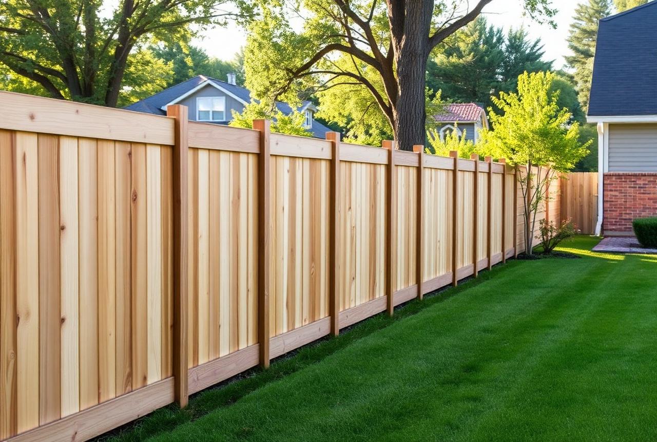 A newly built cedar privacy fence along a suburban backyard